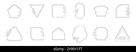 Line geometric frame with olive branch vector set in minimalistic style. Bohemian, abstract, linear frames. Minimal, outline borders of pictures for s Stock Vector