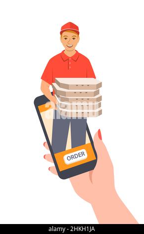 Pizza express delivery concept. Customer makes an order online using smartphone app and gets it fast. Young friendly delivery boy gives several pizza