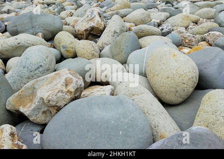 Close up of lots of round and flat pebbles on a beach with large ones in the foreground and smaller ones in the background. Stock Photo