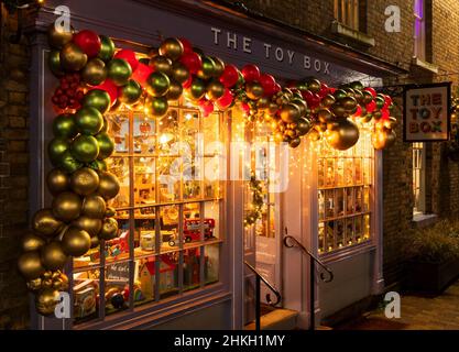 The Toy Box shop at Christmas in Ironbridge, Shropshire. Stock Photo