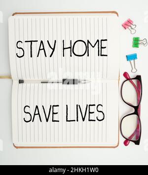 Text caption presenting Stay Home Save Lives. Conceptual photo lessen the number of infected patients by not leaving the house Multiple Assorted Stock Photo