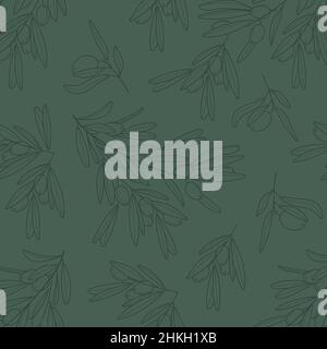 Olive branch wallpaper vector. Boho, abstract seamless pattern. Floral, line, botanical fabric illustration in greem color. Stock Vector