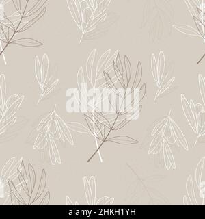 Olive branch wallpaper vector. Boho, abstract seamless pattern. Floral, line, botanical fabric illustration in beige color. Stock Vector