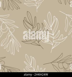 Olive branch wallpaper vector. Boho, abstract seamless pattern. Floral, line, botanical fabric illustration in beige color. Stock Vector