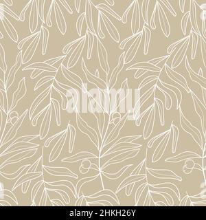 Olive branch wallpaper vector. Boho, abstract seamless pattern. Floral, line, botanical fabric illustration in beige color. Stock Vector