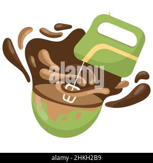 Chocolate cream is whipped with an electric mixer in a green plate, splashes of chocolate, illustration in a flat style Stock Vector