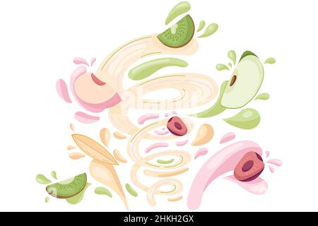 Making fruit fresh smoothie, preparation healthy organic food. Kiwi, peach, cherry, apple and mango juice in a flat cartoon style. Vector illustration Stock Vector