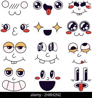 Faces with different emotions on the white background in the cartoon style of the 70s Stock Vector