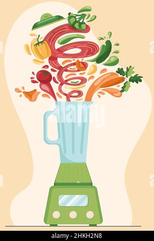 Making vegetables fresh smoothie in electric blender, preparation healthy organic food. Carrot, broccoli, tomato, mushroom, cucumber juice in a flat Stock Vector