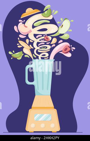 Making fruit fresh smoothie in electric blender, preparation healthy organic food. Kiwi, peach, cherry, apple and mango juice in a flat cartoon style. Stock Vector