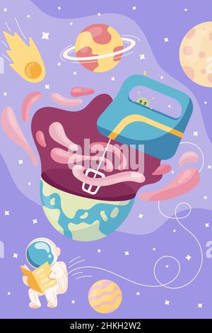 Outer space poster of deep space with stars and astronaut reading a cooking book to make a new planet with space mixer in a flat style. Stock Vector