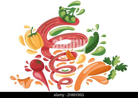 Making vegetables fresh smoothie, preparation healthy organic food. Carrot, broccoli, tomato, mushroom, cucumber juice in a flat cartoon style. Stock Vector