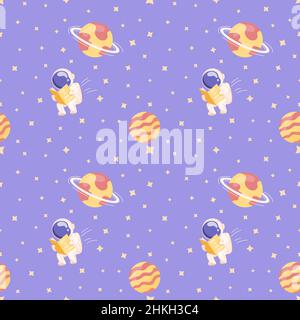 Seamless pattern of deep space with planets and stars, astronaut and asteroids in a flat style. Stock Vector