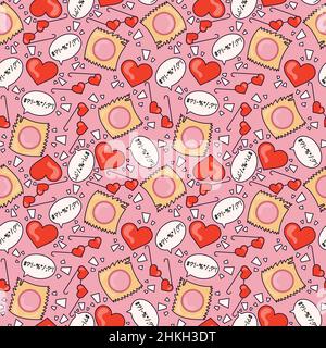 Red hearts, heart glasses, message and wrappers on the pink background in cartoon style of 70s . Abstract seamless pattern. illustration. Vector Stock Vector