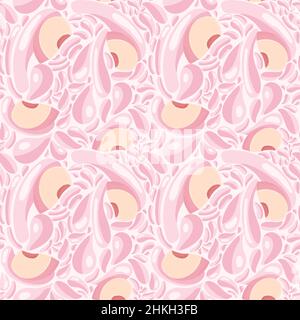 Fruit seamless pattern for textile products, peach pieces with juice splashes, peach smoothie in a flat style. Stock Vector