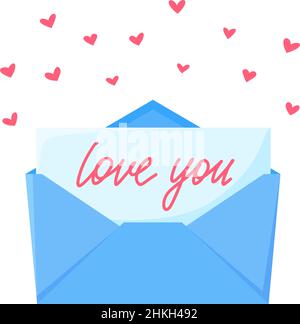 Love you letter in envelope with heart decoration. Saint Valentine's card with note. Love message. Vector illustration Stock Vector