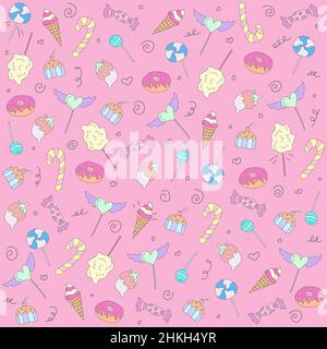 Different colorful sweets and pastries in doodle style Stock Vector