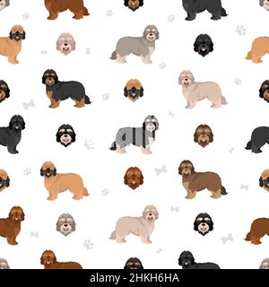 Portuguese Sheepdog seamless pattern. Different poses, coat colors set.  Vector illustration Stock Vector