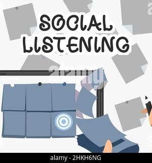 Conceptual caption Social Listening. Word Written on analyzing the conversations and trends of your product Backdrop Presenting Sticky Notes Hands Stock Photo