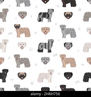 Pyrenean sheepdog, goat haired seamless pattern. Different poses, coat colors set.  Vector illustration Stock Vector