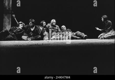 left: Albert Finney (O’Halloran), Brian Cox (Proctor)  right: Frances Tomelty (Joan) in CROMWELL by David Storey at the Royal Court Theatre, London SW1  15/08/1973  design: Jocelyn Herbert  movement: Wayne Sleep  director: Anthony Page Stock Photo