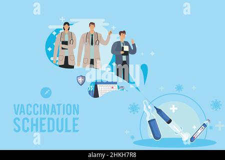 vaccination schedule lettering with doctors Stock Vector