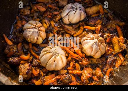 Traditional middle eastern rice dish with lamb meat, carrots, onions, raisins, quince and lots of spices Stock Photo