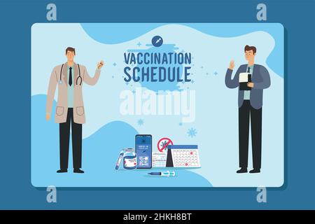 vaccination schedule lettering and doctors Stock Vector