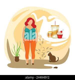 obese woman think to junk food. bad habits. hungry concept. unhealthy illustration vector icons Stock Vector