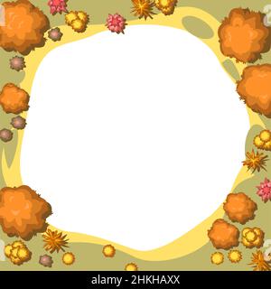 Round Frame Autumn landscape top view. Scene with yellow and orange trees and bushes from height. Above countryside. Isolated on white background. Car Stock Vector