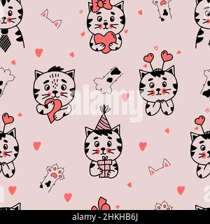 Seamless pattern. Cute different cat characters with gifts and hearts on light pink background with cat paws and ears. Vector illustration in hand dra Stock Vector
