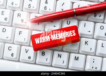 Hand writing sign Warm Memories. Business concept Warm Memories Typing Product Ingredients, Abstract Presenting Upgraded Keyboard Stock Photo