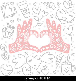 Valentines day vintage doodle vector elements and hands in form of heart in center. Hand drawn love poster, diamond, envelope, cake, cup. Romantic Stock Vector