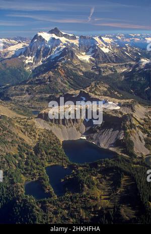 Chain Lakes,Table Mountain and Mount Shuksan in August aerial Stock Photo