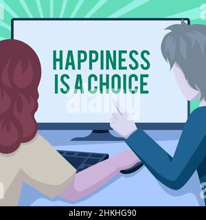 Text caption presenting Happiness Is A Choice. Internet Concept Stay happy all the time cheerful inspired motivated Couple Drawing Using Desktop Stock Photo
