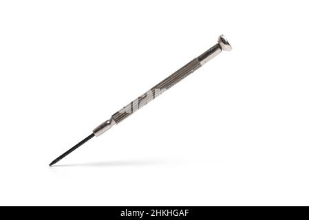 Close up of precision screwdriver for delicate work on smallest screws in electronics and watchmaking on white background Stock Photo