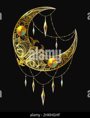 Golden Crescent Moon with Gemstones isolated on black. Vector Illustration Stock Vector