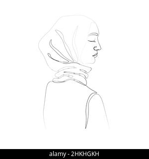 Continuous line driving of a Muslim woman's facial profile sen from the side. Vector illustration isolated on white background, line art. Stock Vector