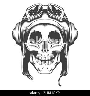 Tattoo of Human Skull in Retro Aviator Helmet isolated on white. Vector illustration. Stock Vector