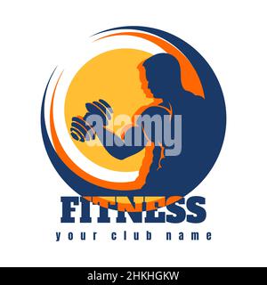Fitness Club logo or emblem. Strong man bodybuilder with dumbbell isolated on white. Vector Illustration. Stock Vector