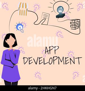 Writing displaying text App Development. Internet Concept Development services for awesome mobile and web experiences Woman Innovative Thinking Stock Photo