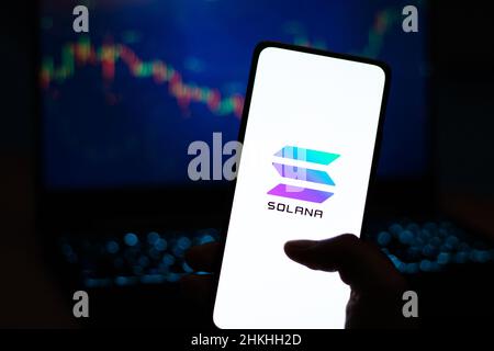West Bangal, India - February 4, 2022 : Solana logo on phone screen stock image. Stock Photo