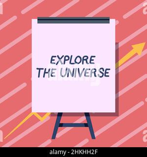 Hand writing sign Explore The Universe. Business idea Discover the space and time and their contents Whiteboard Drawing With Arrow Going Up Presenting Stock Photo