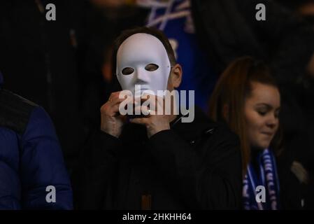 Birmingham City fans wear masks in the stands in, on 2/4/2022. (Photo by Craig Thomas/News Images/Sipa USA) Credit: Sipa USA/Alamy Live News Stock Photo