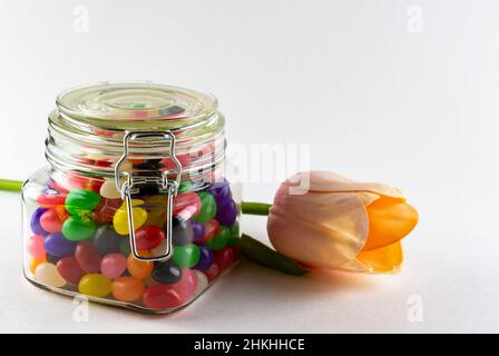 Jar of assorted jelly beans with tulip on white background. Stock Photo