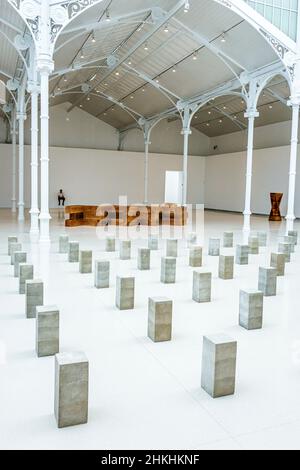 Madrid Spain,Retiro,Parque del Buen Retiro,Buen Retiro Park,Palacio de Velazquez,Mining building art artwork,Carl Andre Sculpture as Place exhibit Stock Photo