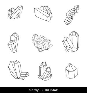 Healing crystals outline set, hand drawn gems and minerals silhouettes isolated on a white background. Contour magic stones faces vector illustration Stock Vector