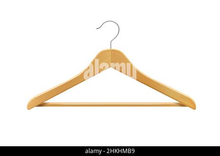 Empty wooden hanger isolated on a white background. Potential copy space above and inside clothes hangers. Coat hanger close up Stock Photo