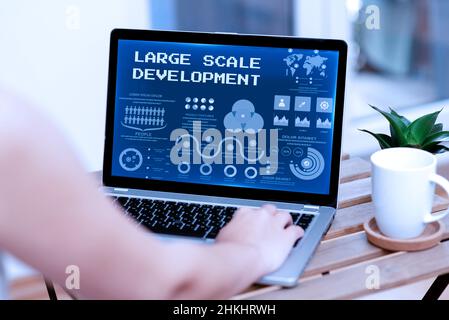 Hand writing sign Large Scale Development. Word Written on very wide and modern developed construction site Hand Typing On Laptop Beside Coffe Mug And Stock Photo