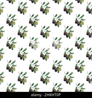 Watercolor olive seamless pattern, Kitchen textile print, Repeat fabric design, Greek ornament illustration, Floral background, Hand drawn wallpaper Stock Photo